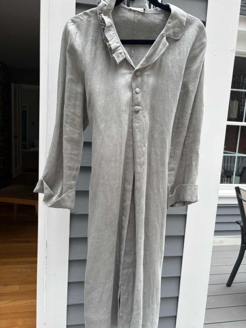 Light Gray Long Linen Women's Coat with Ruffle Collar - Picture 1 of 9